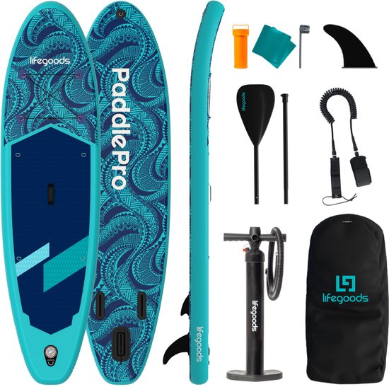 LifeGoods SUP Board All-round Compact - 100 KG Belastbarkeit - 300 x 76 cm - Aufblasbar - SUP-Komplettpaket - Blau