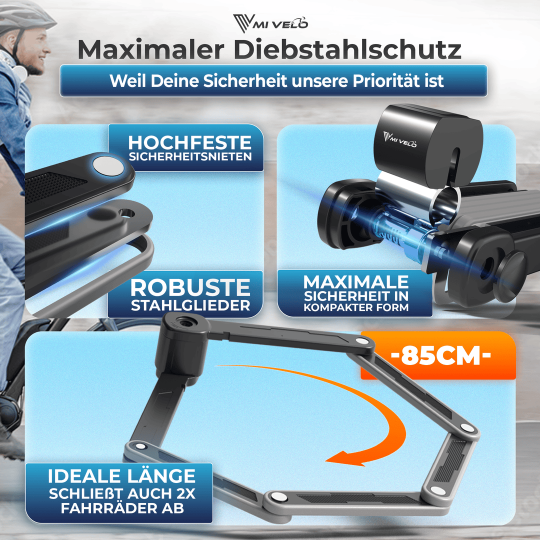 MIVELO Fahrradschloss, Faltschloss, hohe Sicherheit, 85 cm lang I Fahrradschloss mit Schlüssel, inkl. Halterung I Ideal für E-Bikes, MTBs und Rennräder I Fahrradschloss (Schlüssel, 85 cm)