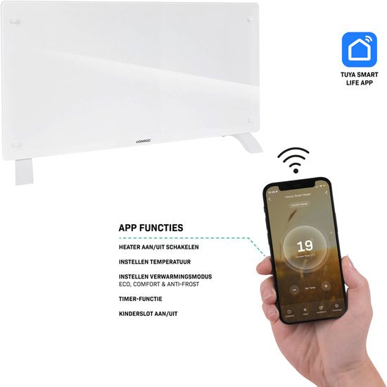 VONROC Luxury electric heater - Konvektorheizung mit Glasscheibe - 1250W/2500W- Beheizt Räume bis zu 30m2 - Gesteuert sowohl mit App (über Wifi) als auch manuell - Einstellbarer Thermostat und Timer - Weiß
