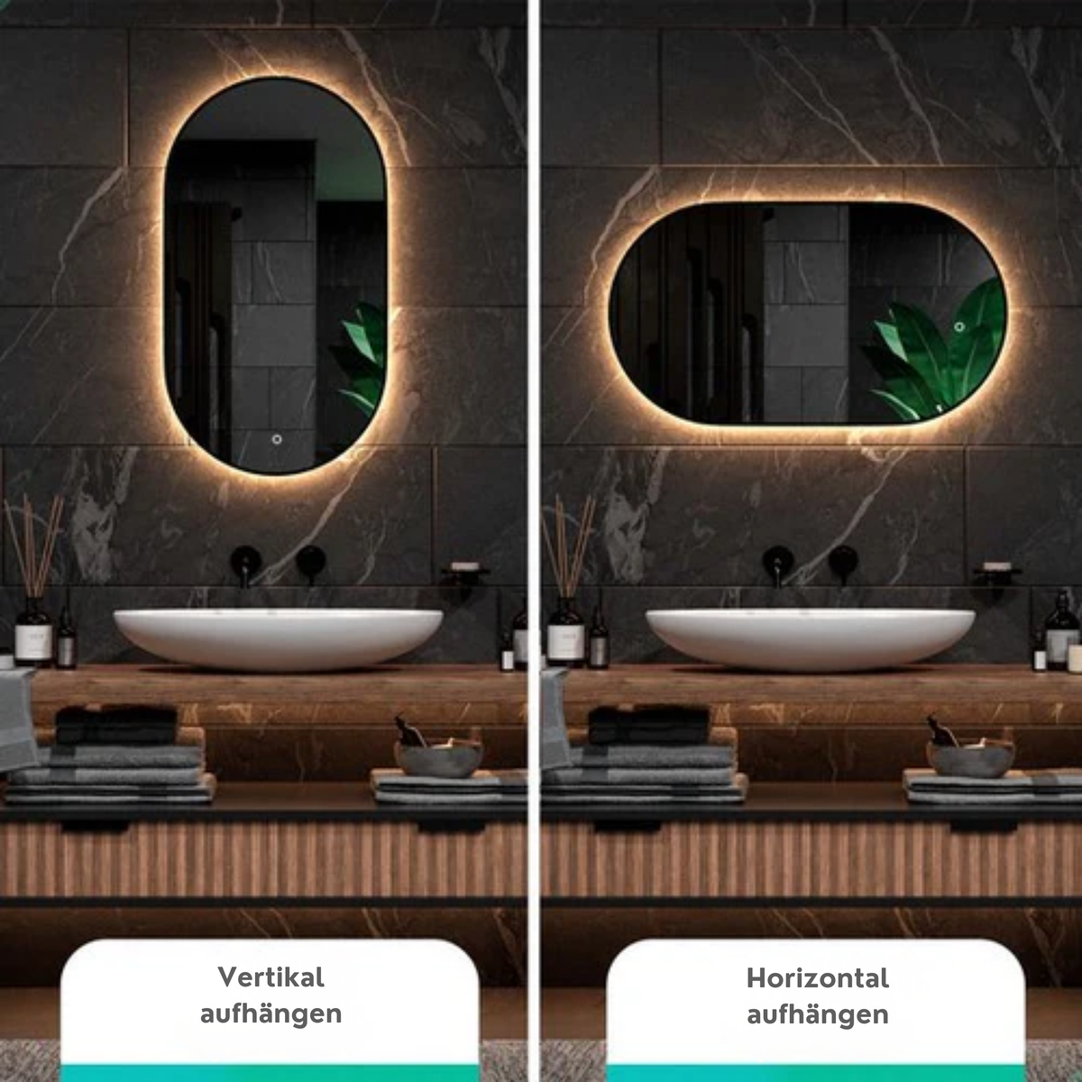 Mirlux Badezimmerspiegel - Mit LED-Beleuchtung & Heizung - Wandspiegel Oval - Anti-Kondensations-Duschspiegel - 90x50CM - Schwarz