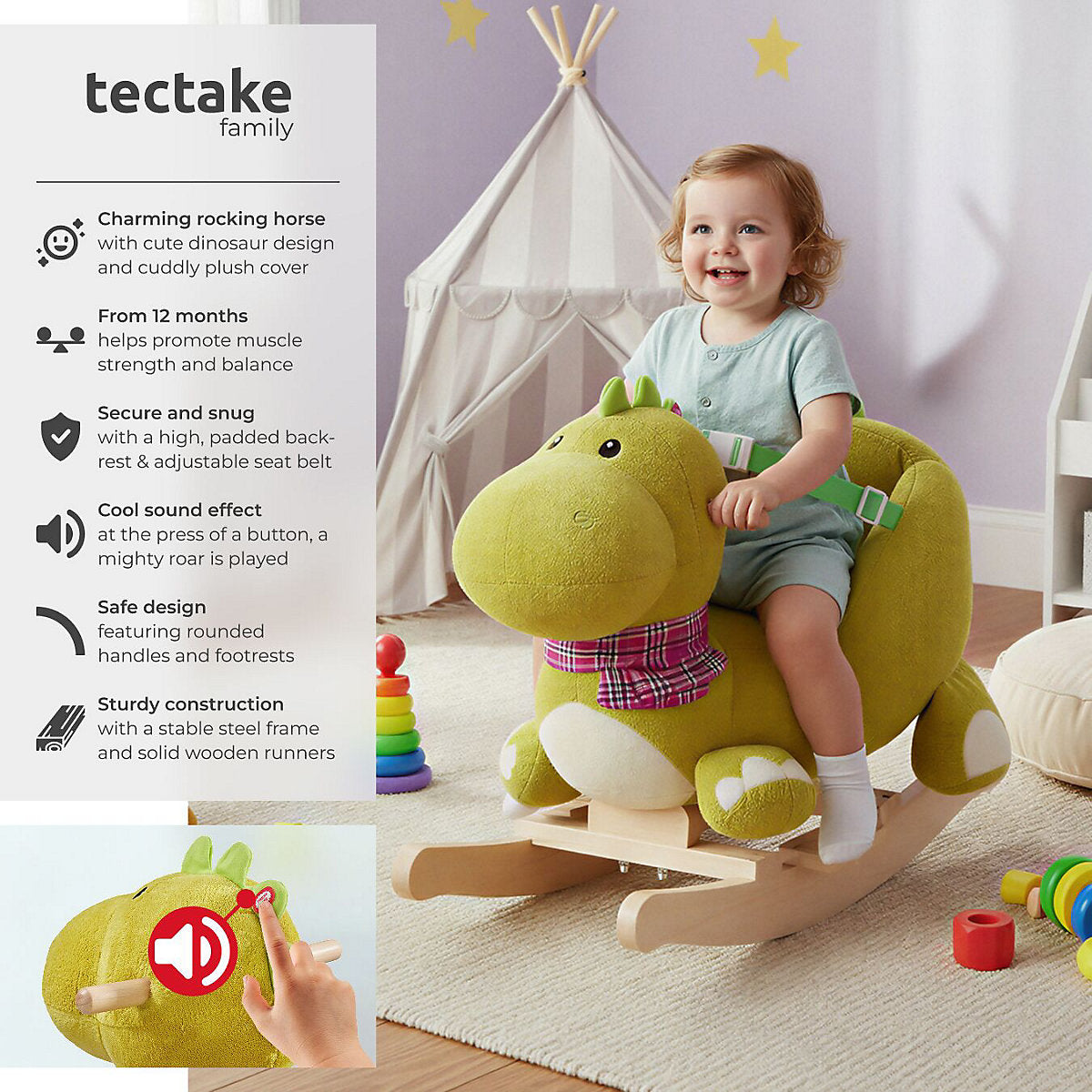 Tectake Schaukelpferd Dinosaurier 50 cm – Holz/Plüsch – Soundeffekt – Grün