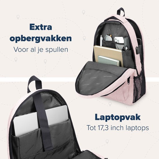 TRVLMORE Rucksack - 36L - 17.3 Zoll - Laptop-Rucksack mit USB - Schultasche - Herren und Damen - Tasche -Lebenslang - Pink