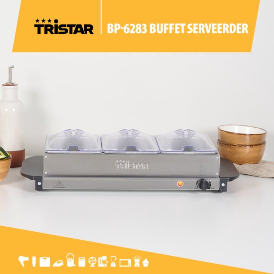 Tristar BP-6283 – Buffetwärmer 200 W – Chafing Dish – 3 x 1,4 Liter – inkl. Deckel – Edelstahl