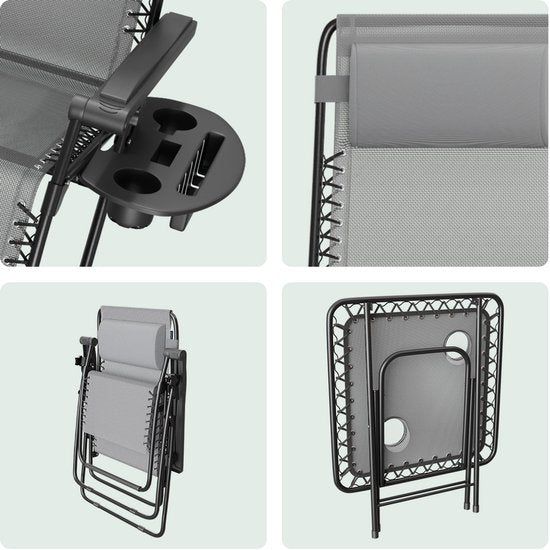 LifeGoods Liegestühle - klappbar - Komplettset - mit Beistelltisch - 30°-90° verstellbar - Gartenstühle - Metall - Grau