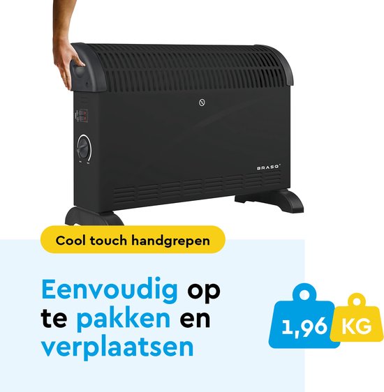 BRASQ Elektrische Konvektorheizung - Einstellbarer Thermostat - Elektrische Heizung - 750/1250/2000 Watt - Heizung - Schwarz