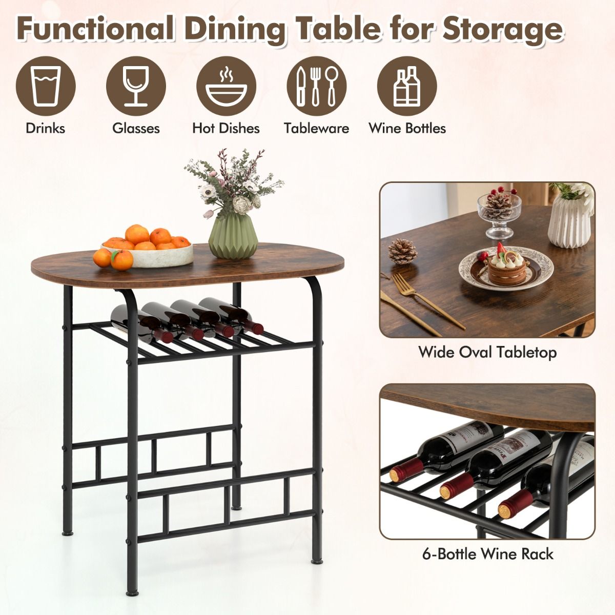 Coast Küchentisch und Stuhl Set für 2 Personen - Ovaler Tisch 80x53x77 cm mit 2 Stühlen, Weinregal, MDF und Metall, Braun/Schwarz