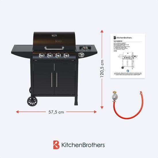 KitchenBrothers Gasgrill - mit Seitenbrenner - 5 Brenner - Mit Gasanschluss - 42x57cm Grillfläche - Schwarz