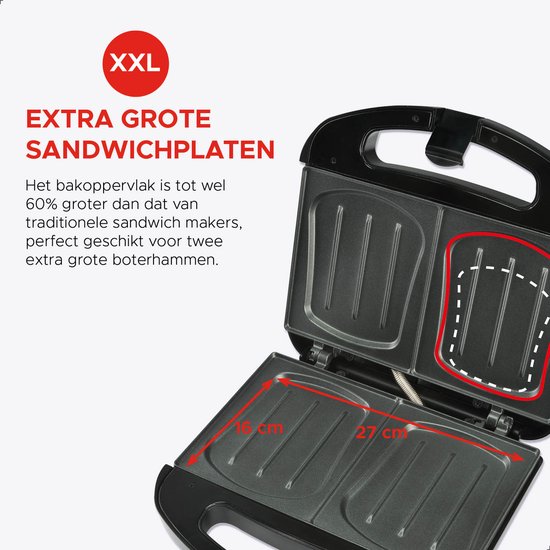 Bourgini Sandwichmaker XXL Schwarz – 800 W – Sandwichtoaster – Kontaktgrill