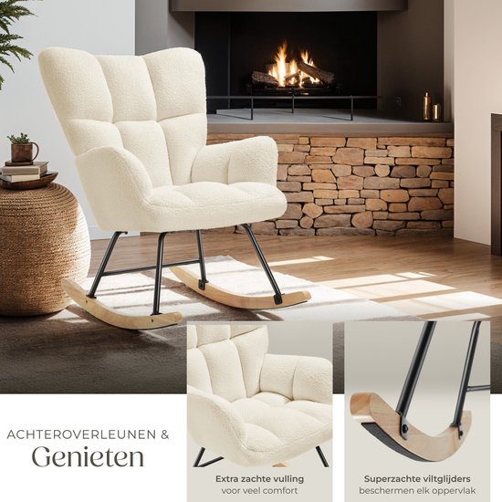 tectake Schaukelstuhl Torve - Gepolsterter Bouclé-Stoff-Schaukelstuhl im Scandi-Stil - Entspannungssessel mit Holzgleitern, weicher Polsterung und hoher Rückenlehne für optimalen Komfort - 70 x 96 x 97 cm - Beige