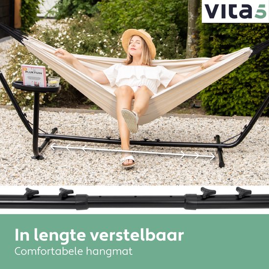 Vita5 Hängematte mit Ständer - 2 Personen - inkl. Getränkehalter - 205kg Tragegewicht - Beige/Weiß