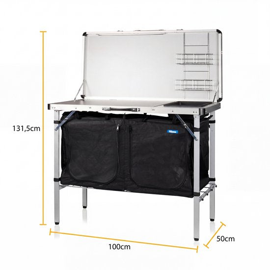 Tristar Campingküche – Zusammenklappbar – 100 x 50 cm – Mit Spülbecken – Aluminiumrahmen – Campingschrank und Außenküche – Inklusive Tragetasche – Verstellbare Beine – KI-0825