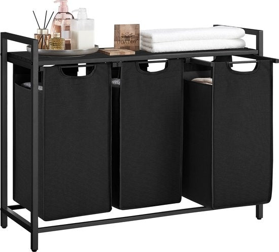 O'DADDYÂ¬Ã† Wäschekorb 3 Fächer - Wäschesortierer - ausziehbar mit Regal - 92,5 x 33 x 71 cm - Wäschekorb - 114L unterteilt in 3 Fächer - Wäschekörbe - Wäschekorb schwarz Metall - dunkelgrau