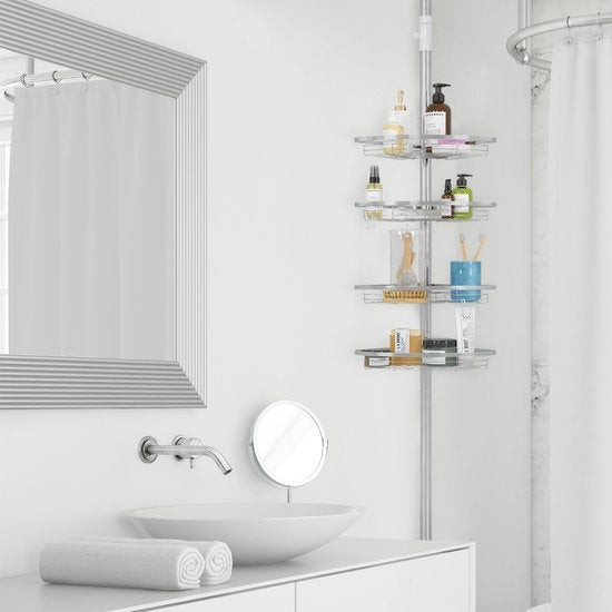 Strex - Teleskop Duschablage - rostfreier Stahl - 70-275 cm - 4 Körbe - ohne Bohren oder Schrauben - Silber