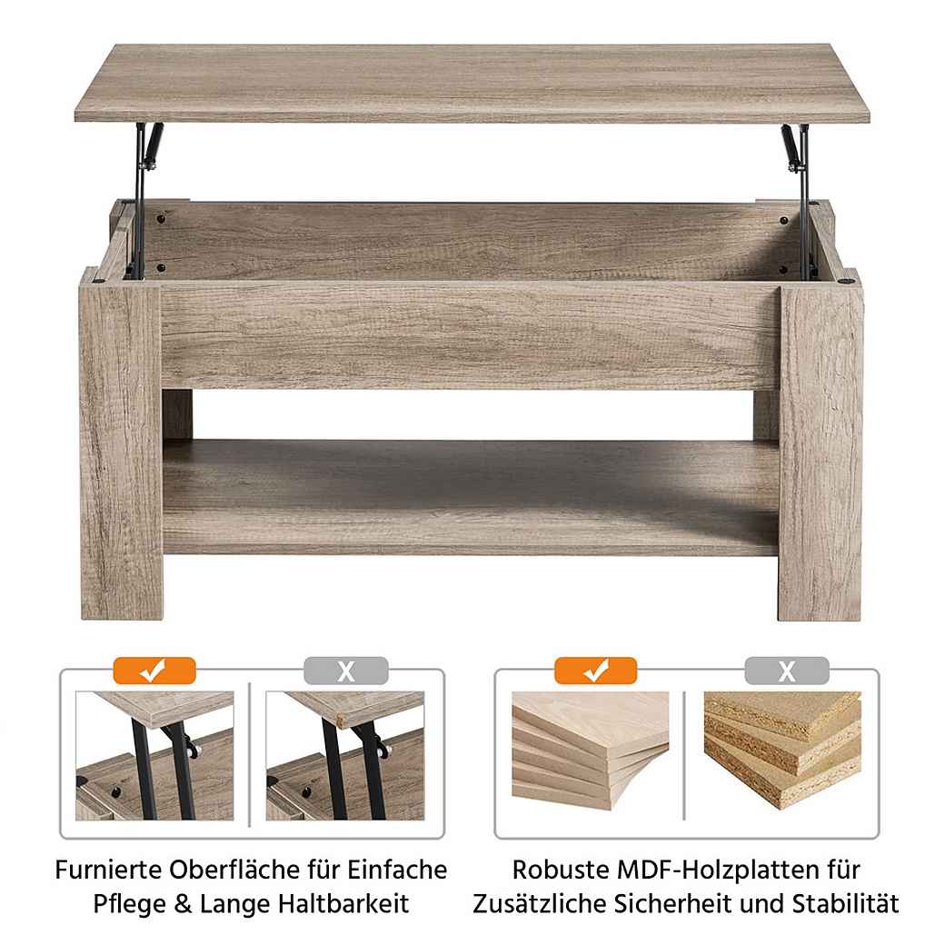 Yaheetech Couchtisch mit Hubplatte – Grau – 98 x 50 x 41,8/56 cm – Höhenverstellbar mit Stauraum