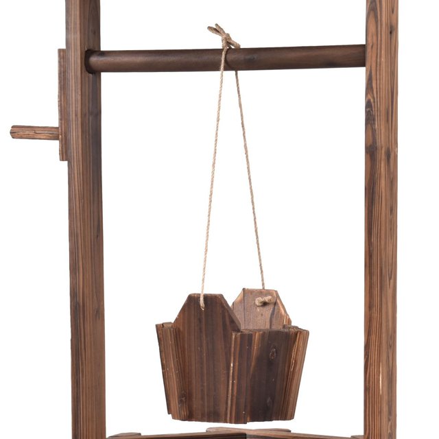 Coast Gartenbrunnen - Mit Holzbrunnen, Eimer und Blumentopf mit Dach - Rustikales Design - 43 x 39 x 72 cm - Braun