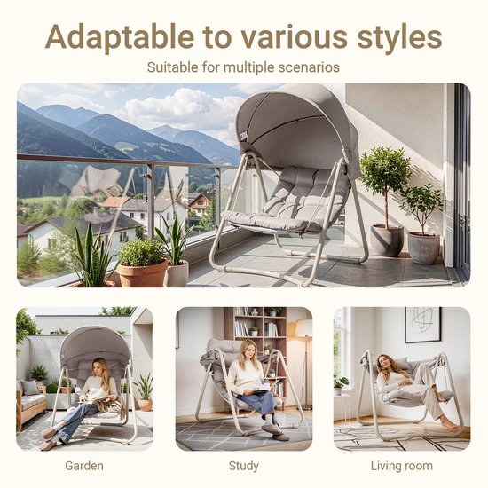 SoBuy OGS62-MI Schaukelstuhl mit verstellbarem Sonnenschirm – Für drinnen und draußen – Hängematte und Gartenstuhl für den Außenbereich – beige, 108 x 126 x 163 cm