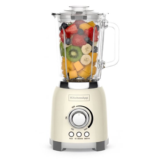 KitchenApp Retro Blender 1.5L - Glaskrug - 800W - Crushed Ice, Smoothie & Pulse - Beige
