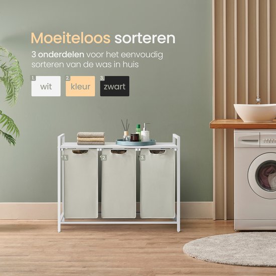 O'DADDY® Wäschekorb 3 Boxen - ausziehbarer Wäschesortierer mit Regal - 114 Liter - 92,5 x 33 x 71 cm - verstellbare Beine - einfach zu montieren - vielseitig und stilvoll aus Metall - weiß