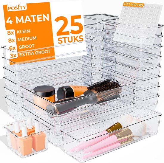 Posity Drawer Organiser - 25 Stück - Organizer Trays - Drawer Trays - Storage Trays - Make-up Organizer - Für Küche, Bad & Büro - Kunststoff - Transparent