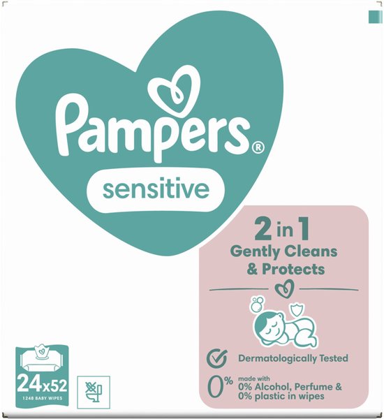 Pampers Sensitive Feuchttücher – 2-in-1: Sanfte Reinigung & Schutz – 0 % Kunststoff in den Tüchern – 24 Packungen à 52 Tücher = 1248 Babyfeuchttücher