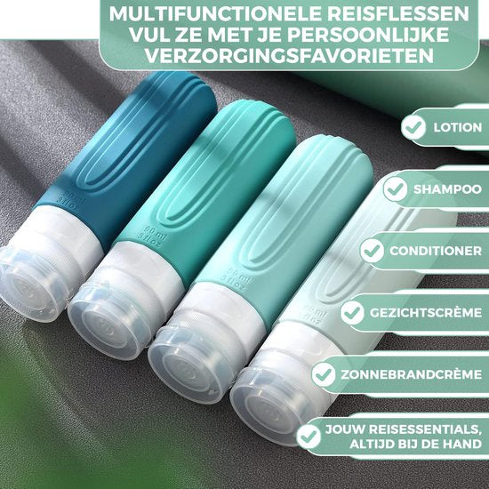 EverNeeds Reiseflaschen mit Etui - Nachfüllbar - Silikon-Reiseflaschen Handgepäck - Minze - 4 Stück