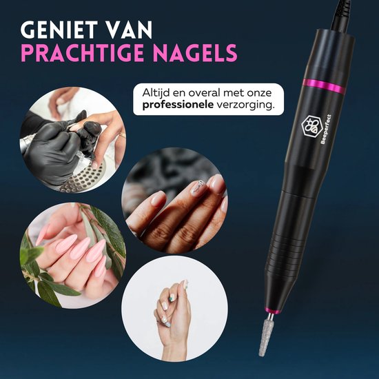 Beeperfect® Elektrische Nagelfeile - Nagelfräse - Maniküre- und Pediküreset - 12 Bits und 60 Schleifrollen - 4 Extra-Zubehör - Schwarz