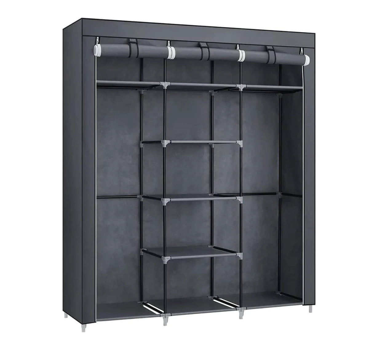 Kleiderschrank, Wäscheschrank 150 x 175 x 45 cm – Grau – 2 Kleiderstangen – Einlegeböden – Zusammenklappbar