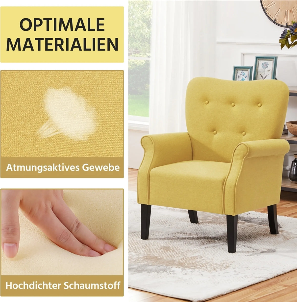 Yaheetech Lounge-Sessel mit Holzbeinen – 74 x 72 x 94 cm – Gelb