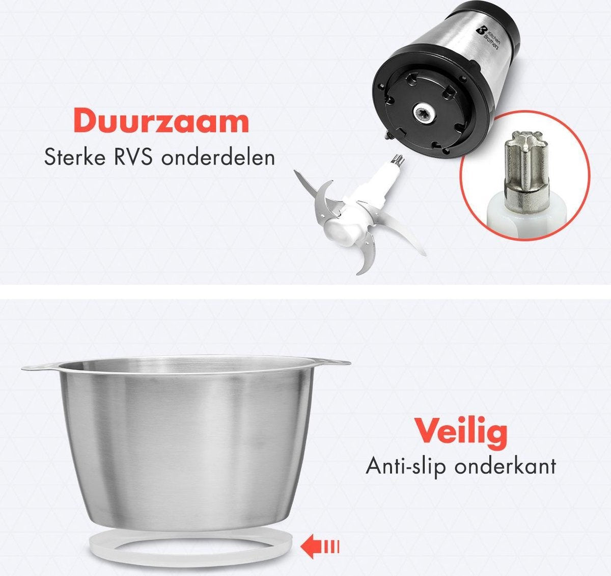 KitchenBrothers Zerkleinerer - Lebensmittelzerkleinerer - Elektrisch - 2 Geschwindigkeiten - 300 W - 1,8 L - Schüssel aus Edelstahl