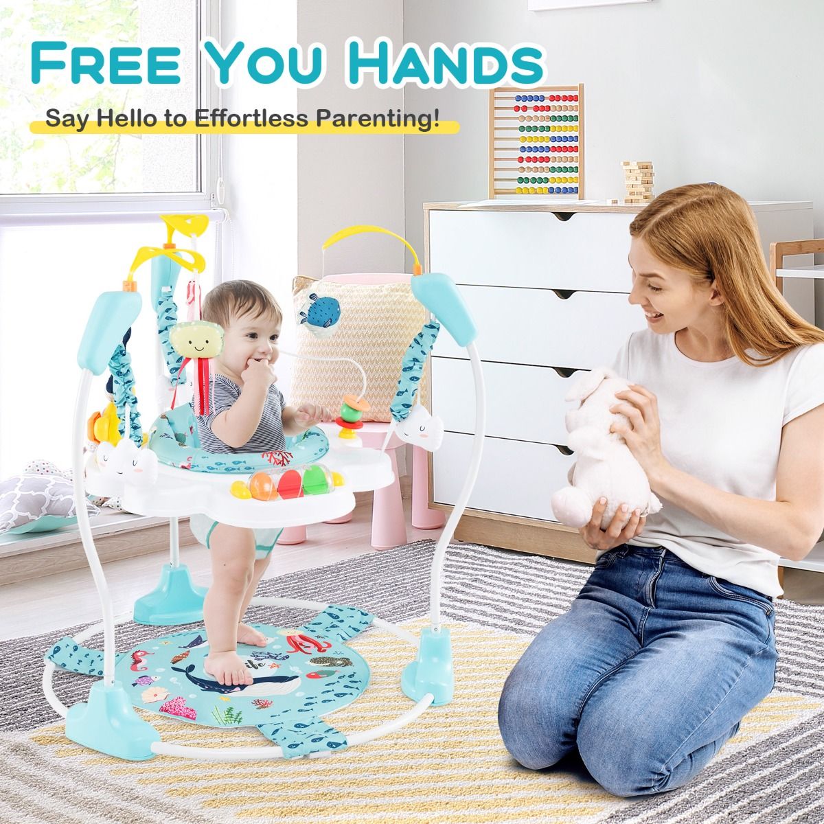 coast Baby Sky Jumperoo - Hellblau/Weiß - 87x87x94 cm - 3 Höhen, 360° drehbarer Sitz & interaktives Spielzentrum