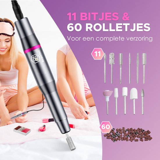 Beeperfect® Elektrische Nagelfeile - Nagelfräse - Maniküre- und Pediküreset - 11 Bits und 60 Schleifröllchen