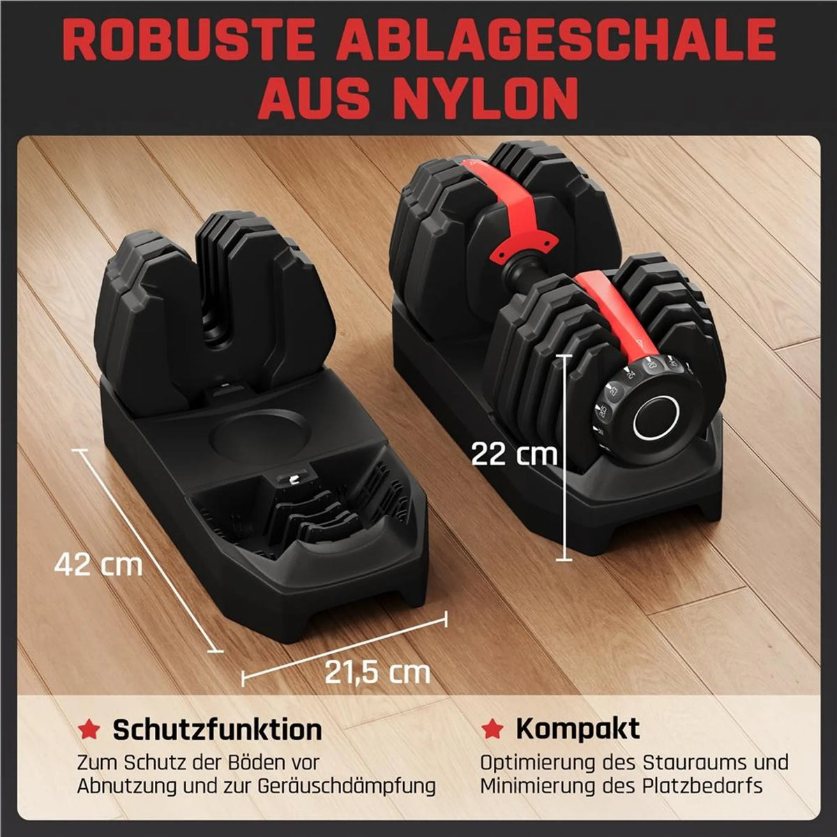 Yaheetech Verstellbares Hantelset 2,5–24 kg – 15-in-1-Schnellverstellung – Schwarz/Rot – 42 × 21,5 × 22 cm