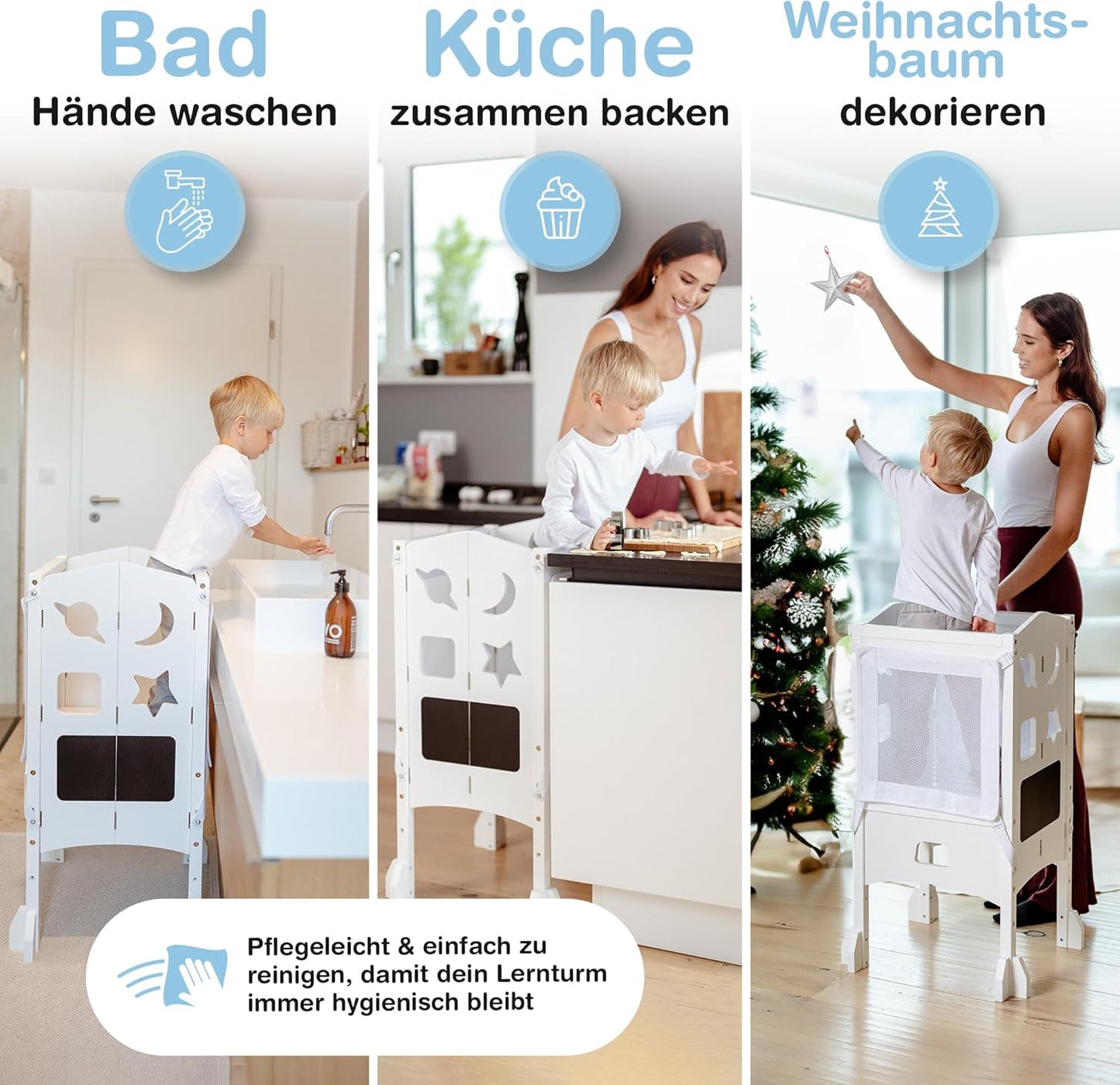 BabybeFun Lernturm ab 1 Jahr - Zusammenklappbarer Lernturm inkl. 360° Sicherheitsnetz - Extra stabiler und solider Lernturm - Lieferung vormontiert mit Kippschutz