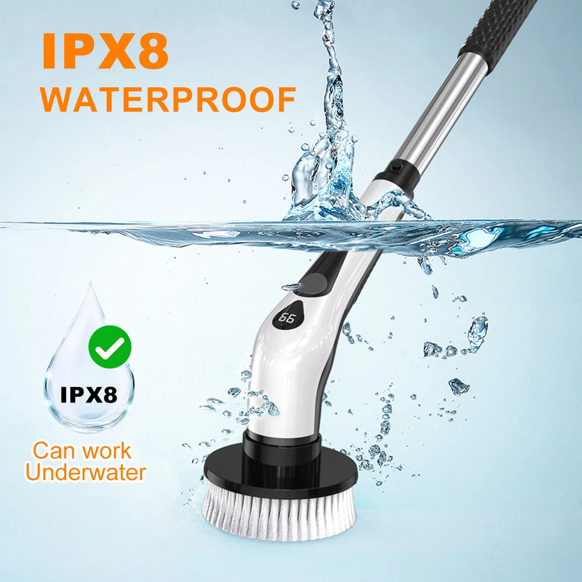 Prasky Akku-Scheuerbürste – 9 Bürstenköpfe und Verlängerungsstiel 55–120 cm – 400 U/min – IPX8 wasserdicht – Schwarz