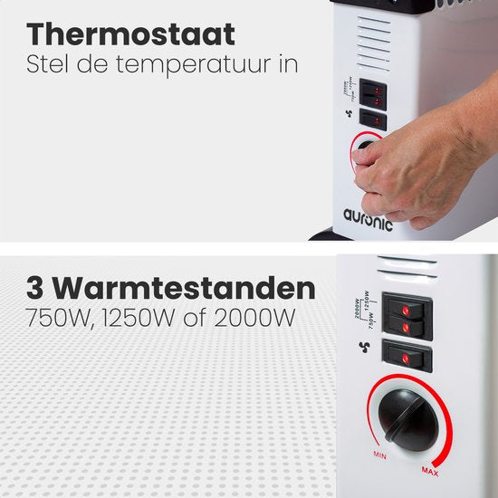 Auronic Elektrokonvektor - 750/1250/2000 Watt - mit Gebläse - Heizung - Heizlüfter - Weiß