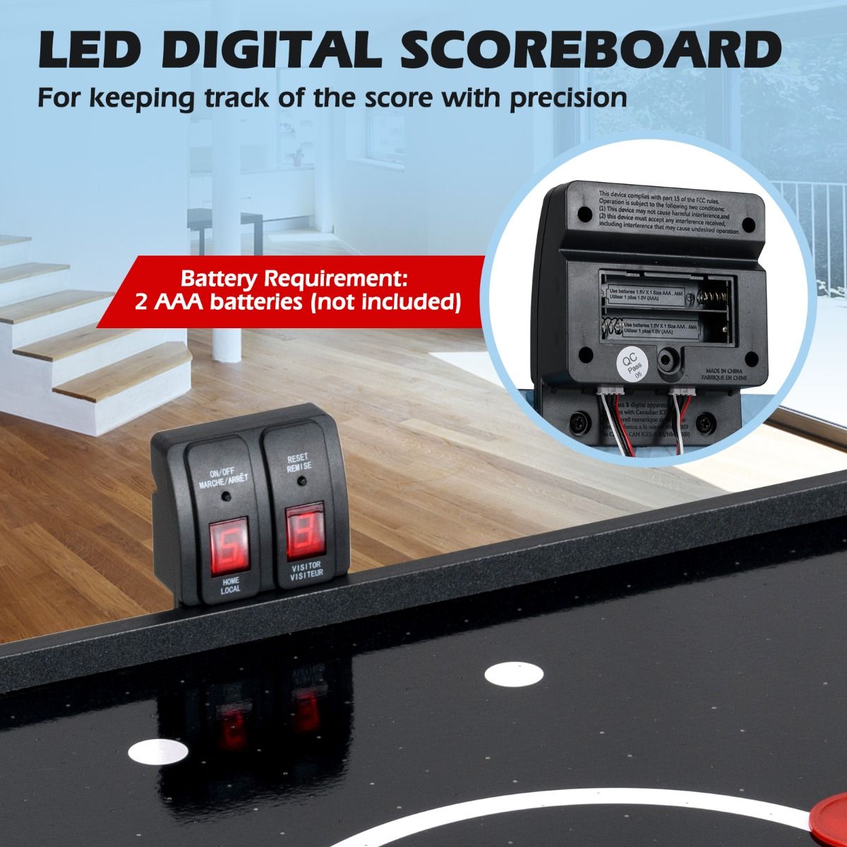 coast Zusammenklappbarer Airhockeytisch - Schwarz - 144x68x79 cm - LED-Anzeige & 12V Motor
