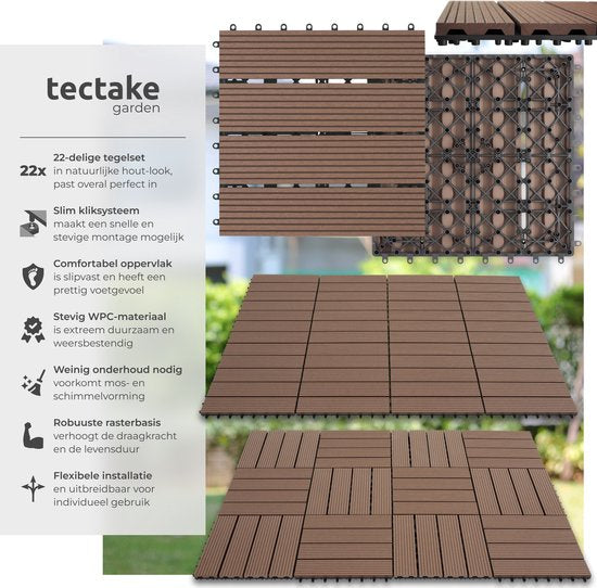 tectake - WPC-Holzfliesen - Fliesen in Holzoptik - Witterungsbeständig - Bodenbelag für den Außenbereich - Bodenfliesen - Balkonboden - Terrassenfliesen mit Klicksystem - Drain - Set mit 22 Stück - Brown