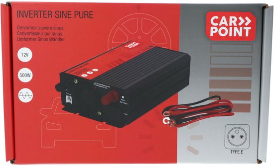 Carpoint-Wechselrichter – 12 V > 230 V – Reine Sinuswelle – Dauerleistung 500 W - Spitzenleistung 1000 Watt – Ausgang mit französischer/belgischer Steckdose – Permanenter Anschluss an die Batterie – Stoßfest – Temperaturgesteuerter Lüfter – Abmessungen 21
