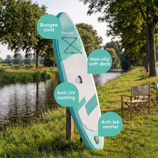 LifeGoods SUP Board All-round Compact - 100 KG Belastbarkeit - 300 x 76 cm - Aufblasbar - SUP-Komplettpaket - Mintgrün