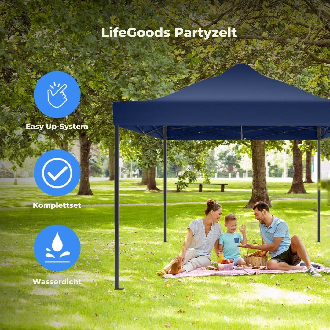 LifeGoods Partyzelt - Pavillon - 3x4,5 m - leicht aufbaubar - faltbar - wasserdicht - Tragetasche mit Rädern - dunkelblau