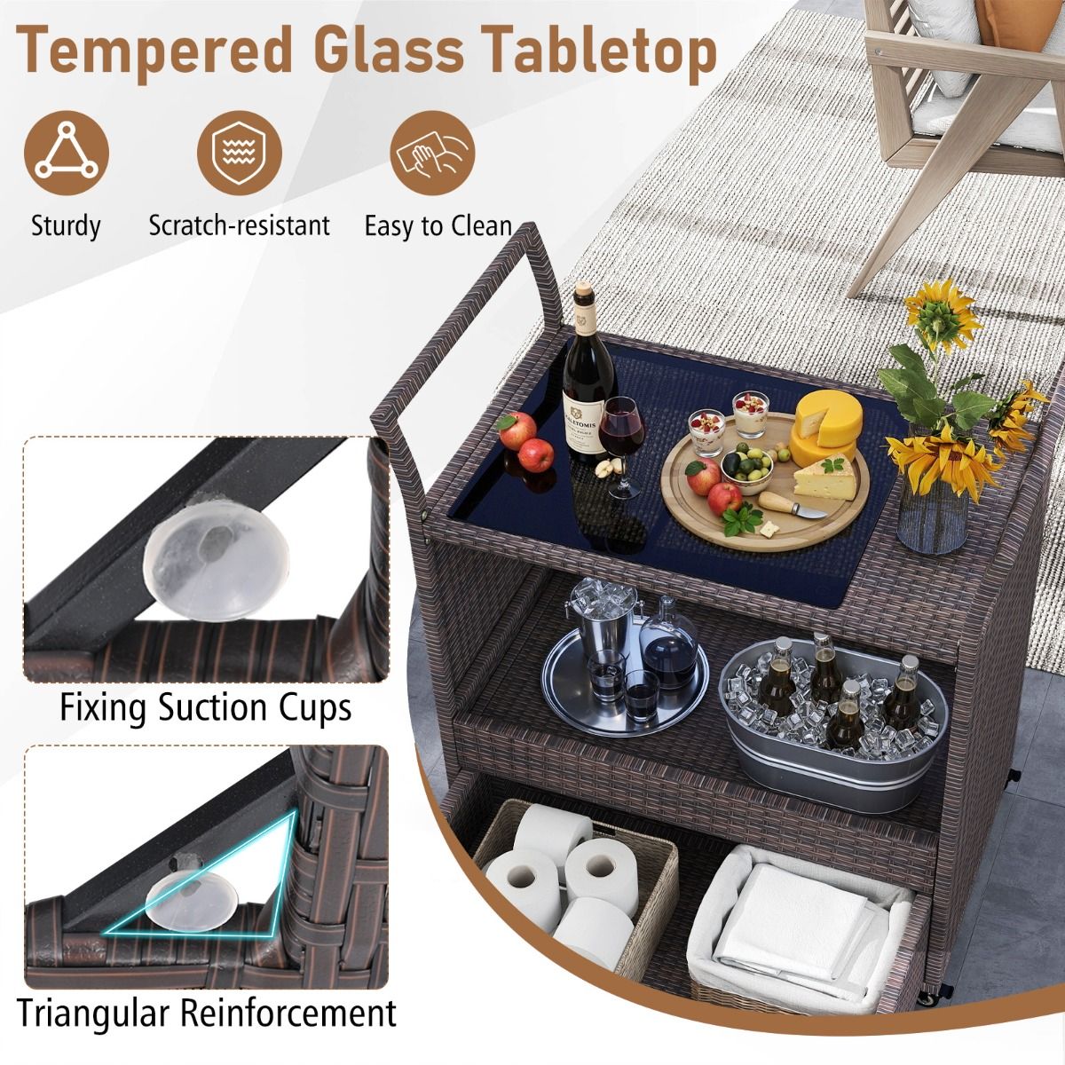 Coast Barwagen aus Korbgeflecht – mit Platte aus gehärtetem Glas – große Schublade und offenes Regal – braun – 85 x 47 x 92 cm