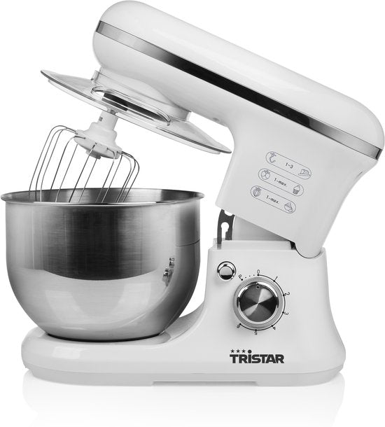 Tristar Küchenmaschine MX-4817 – Küchenmixer mit 5-Liter-Rührschüssel – Inklusive 3 Knethaken – Küchenroboter – 6 Programme – Spülmaschinenfest – 1200 Watt – Weiß