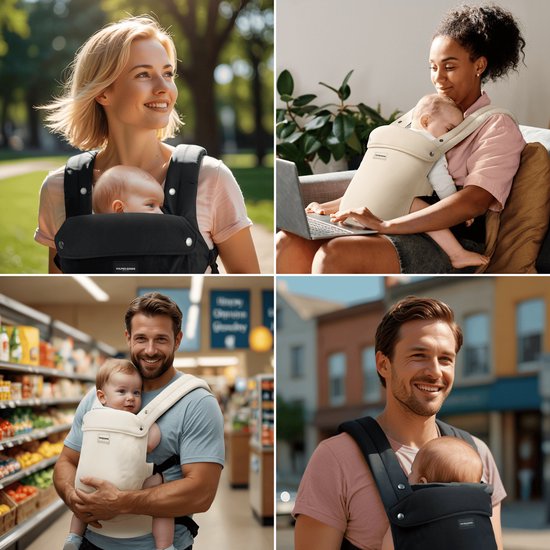 Vulpes Goods® BabyCare - Babytrage - Ergonomische Babytrage 0-36 Monate - Luxus-Bauchtrage bis zu 20 kg - OEKO-TEX® Baumwolle - Freihändiger Komfort - Mit Rückenstütze & M-Position - Schwarz