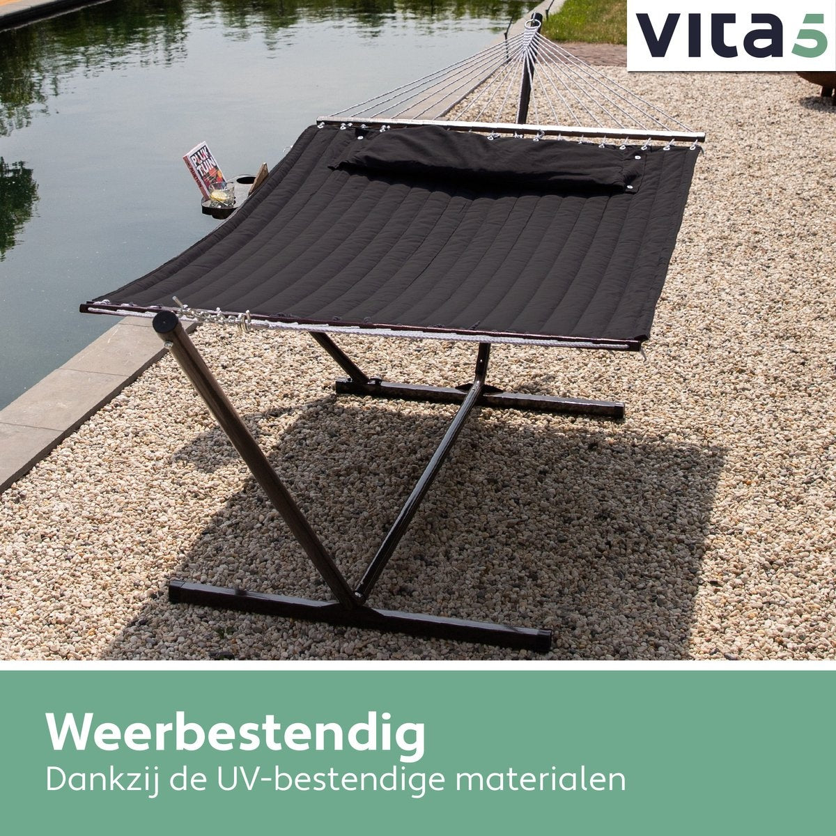 Vita5 Hängematte mit Ständer und Spreizstange - 2 Personen - inkl. Getränkehalter - abnehmbares Kissen - UV-beständig - Schwarz
