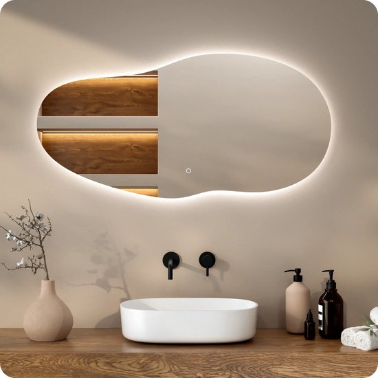 Mirlux Badezimmerspiegel mit LED-Beleuchtung – Asymmetrischer Wandspiegel – Beschlagfreier Duschspiegel – 120 x 60 cm