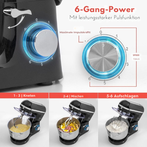 KitchenBrothers Küchenmaschine - Küchenmixer mit 6L-Edelstahl-Mixschüssel - Küchenroboter - 1400W - Schwarz