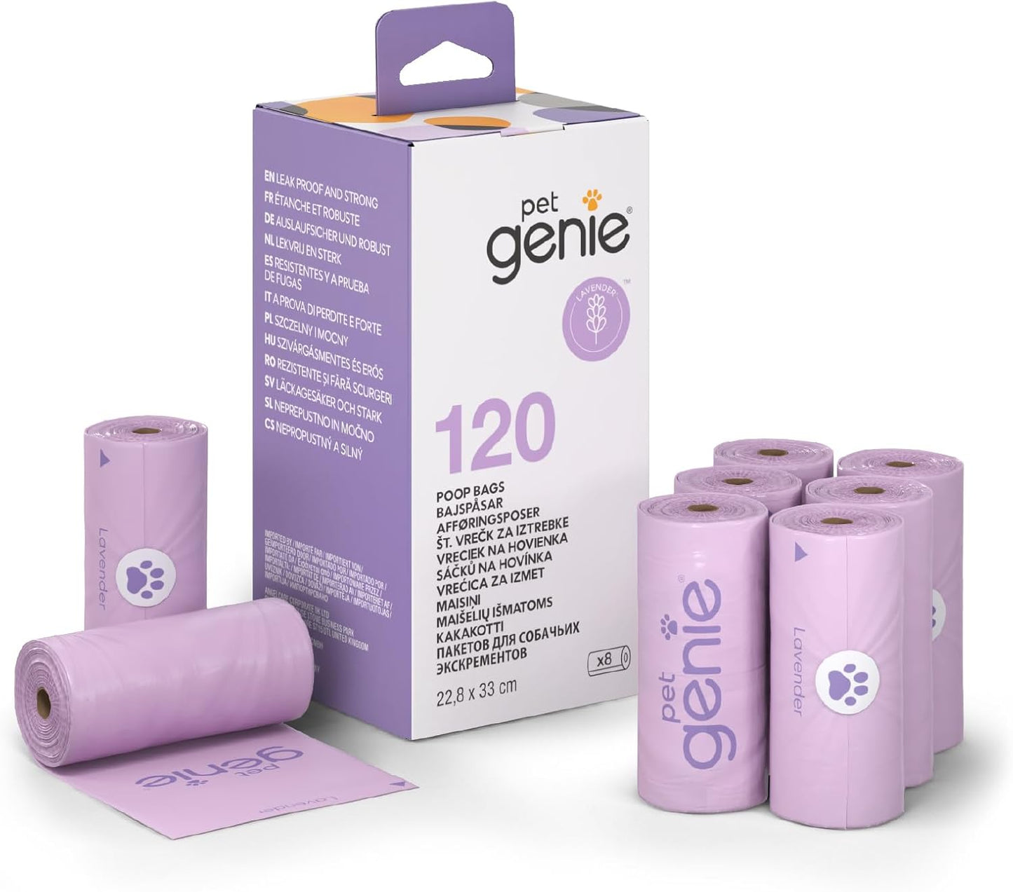 Pet Genie Hundekotbeutel mit Lavendelduft – 22,9 x 33 cm – 120 Stück / 8 Rollen – extra dick & auslaufsicher