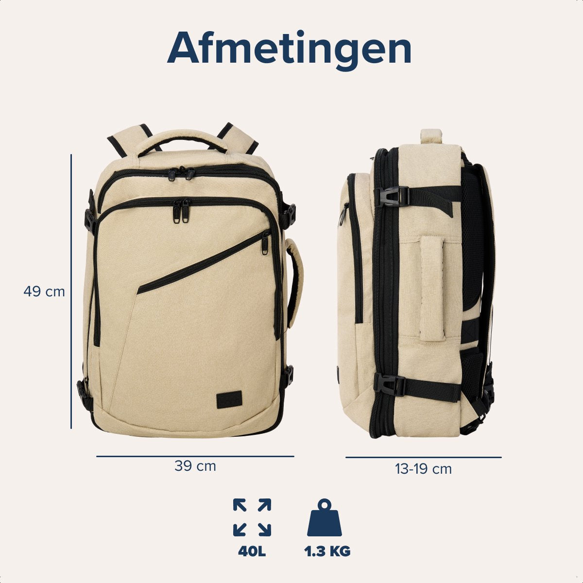 TRVLMORE 40L Reisetasche Rucksack – Handgepäck – 49 x 34 x 13 cm – Beige