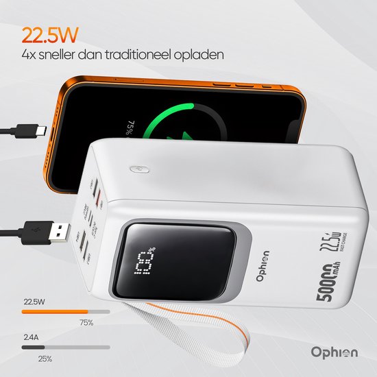 Ophion® Powerbank PRO 50.000 mAh – 7 Ladeanschlüsse – Quick Charge – Schnellladegerät mit 22,5 W für USB-C, USB-A, Micro-USB – inklusive Kabel – Notfall-Set – Weiß