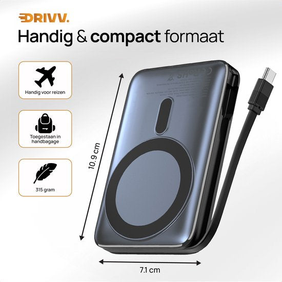 Powerbank 10.000 mAh, kompatibel mit MagSafe, mit USB-C-Kabel – 3-in-1-Design – 22,5 W kabellose Powerbank – inklusive 60-W-Ladekabel – Schnellladefunktion – USB & USB-C – Schwarz –